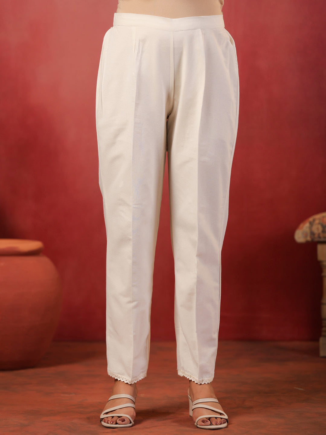 Span Off White Mandarin Neck Cotton Kurta Set with Dupatta