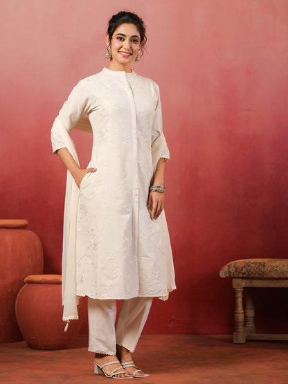 Span Off White Mandarin Neck Cotton Kurta Set with Dupatta
