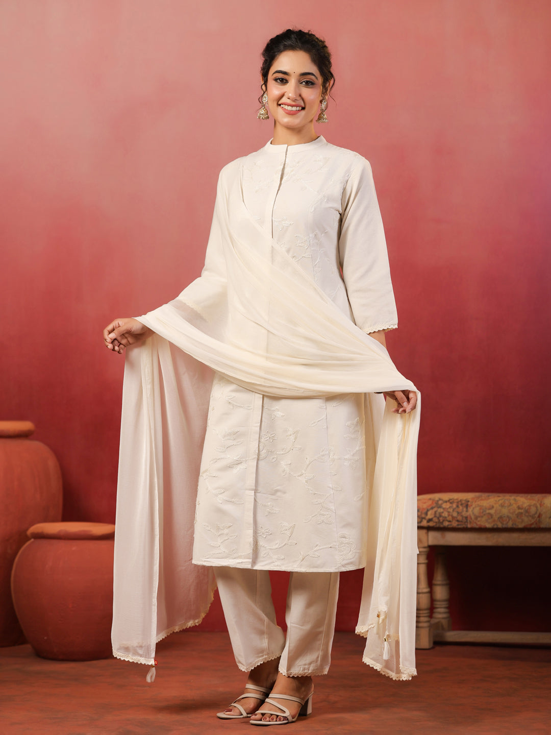 Span Off White Mandarin Neck Cotton Kurta Set with Dupatta