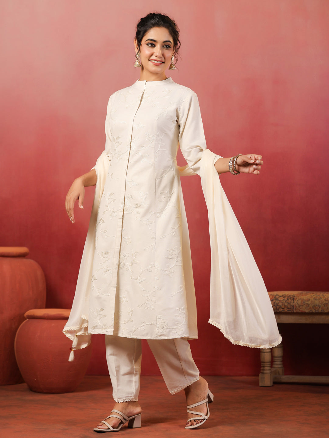 Span Off White Mandarin Neck Cotton Kurta Set with Dupatta