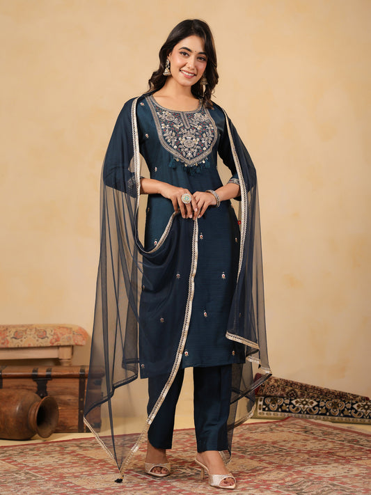 Span Blue Round Neck Viscose Kurta Set with Dupatta