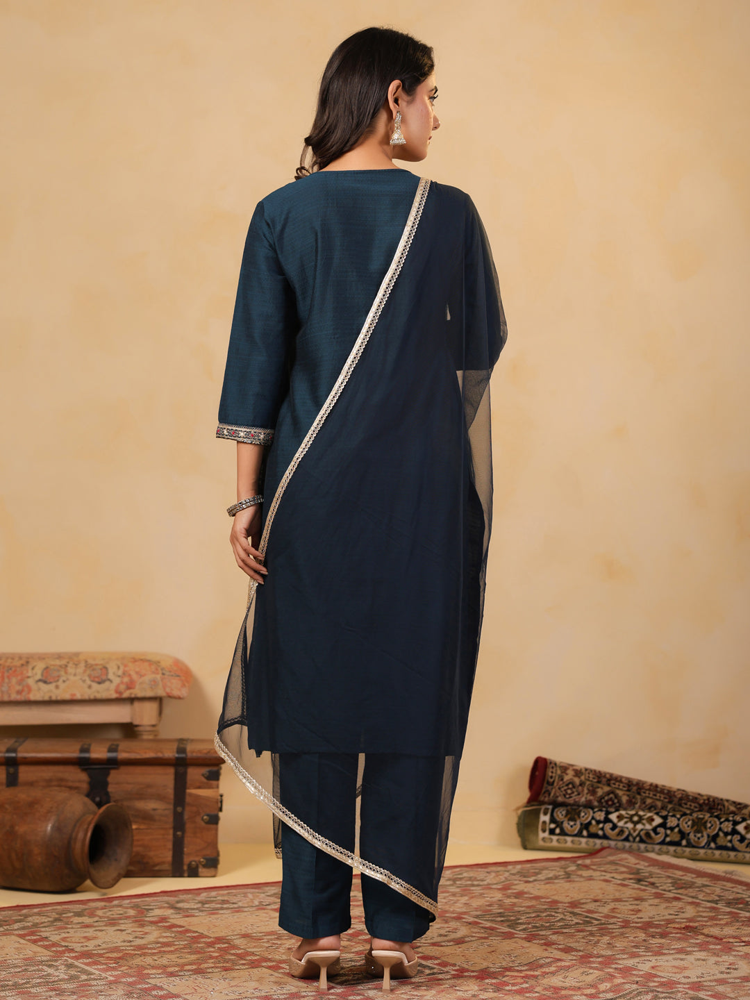 Span Blue Round Neck Viscose Kurta Set with Dupatta