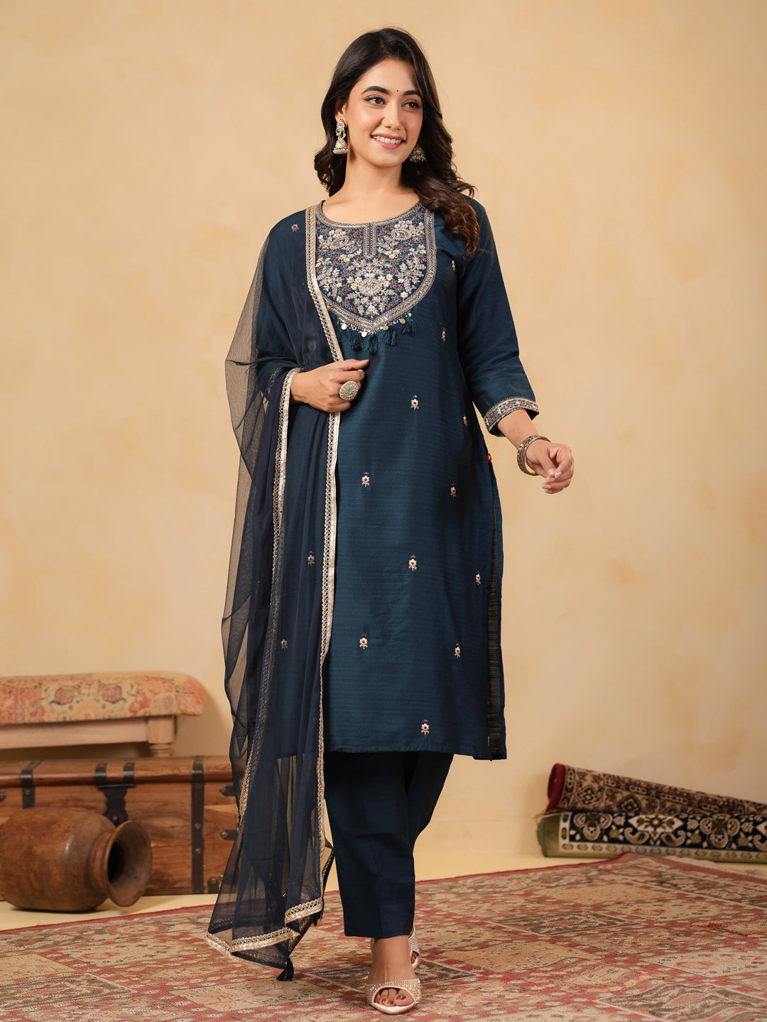 Span Blue Round Neck Viscose Kurta Set with Dupatta
