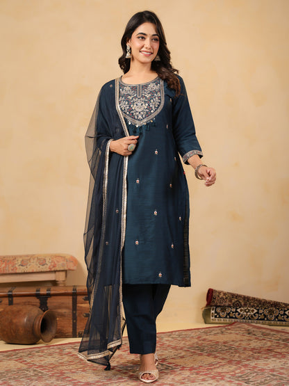 Span Blue Round Neck Viscose Kurta Set with Dupatta