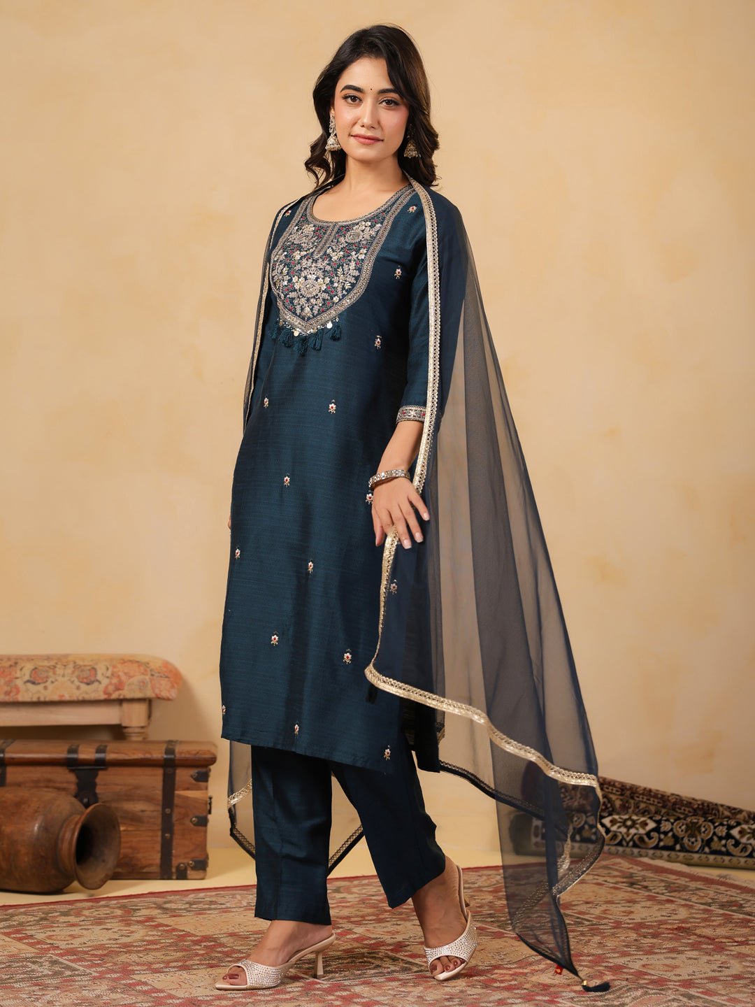 Span Blue Round Neck Viscose Kurta Set with Dupatta