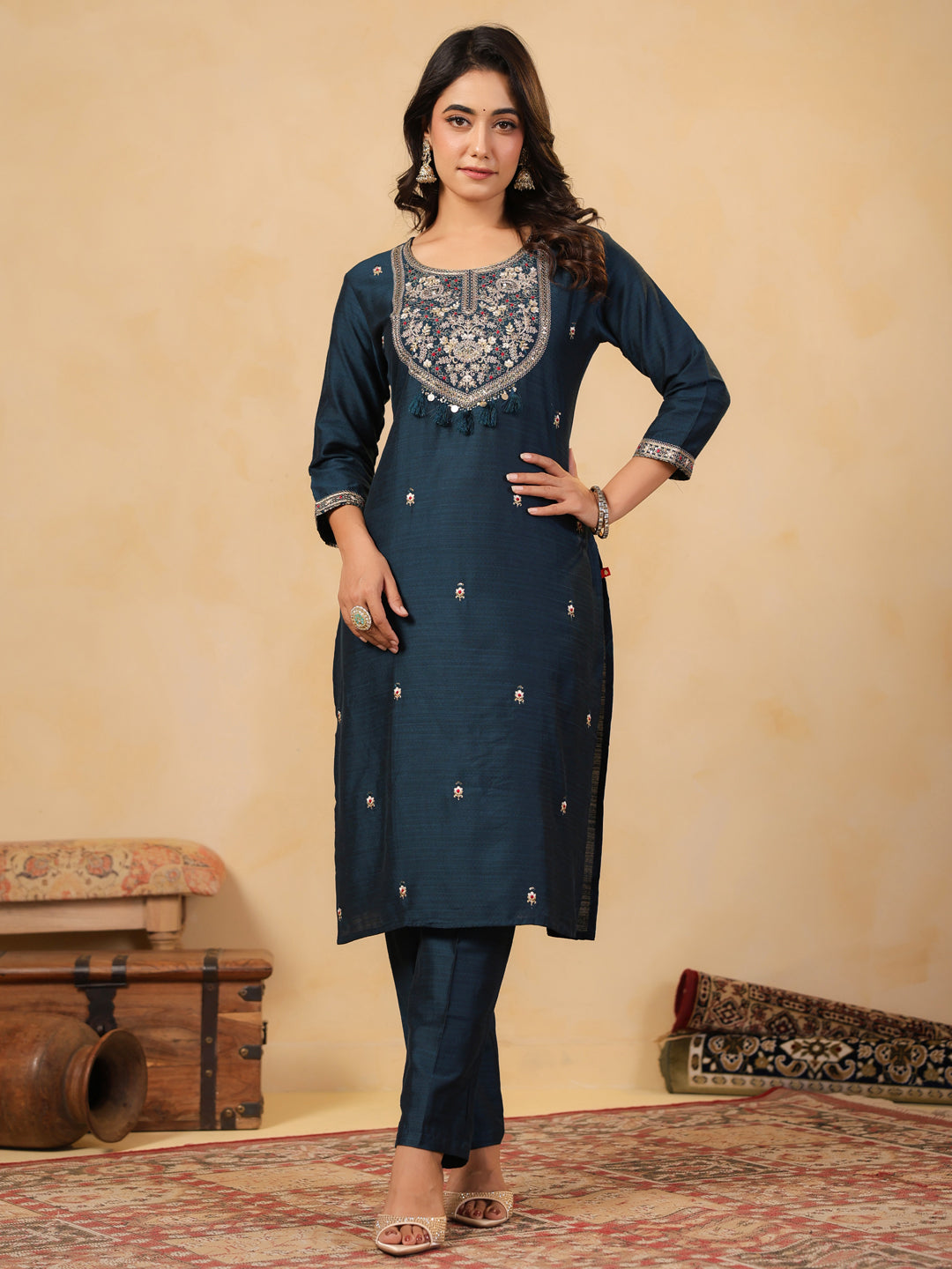 Span Blue Round Neck Viscose Kurta Set with Dupatta