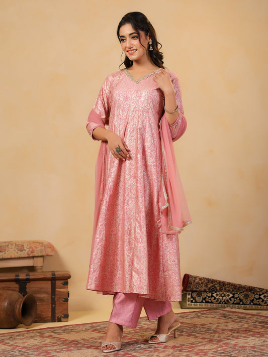 Span Pink V Neck Viscose Kurta Set with Dupatta