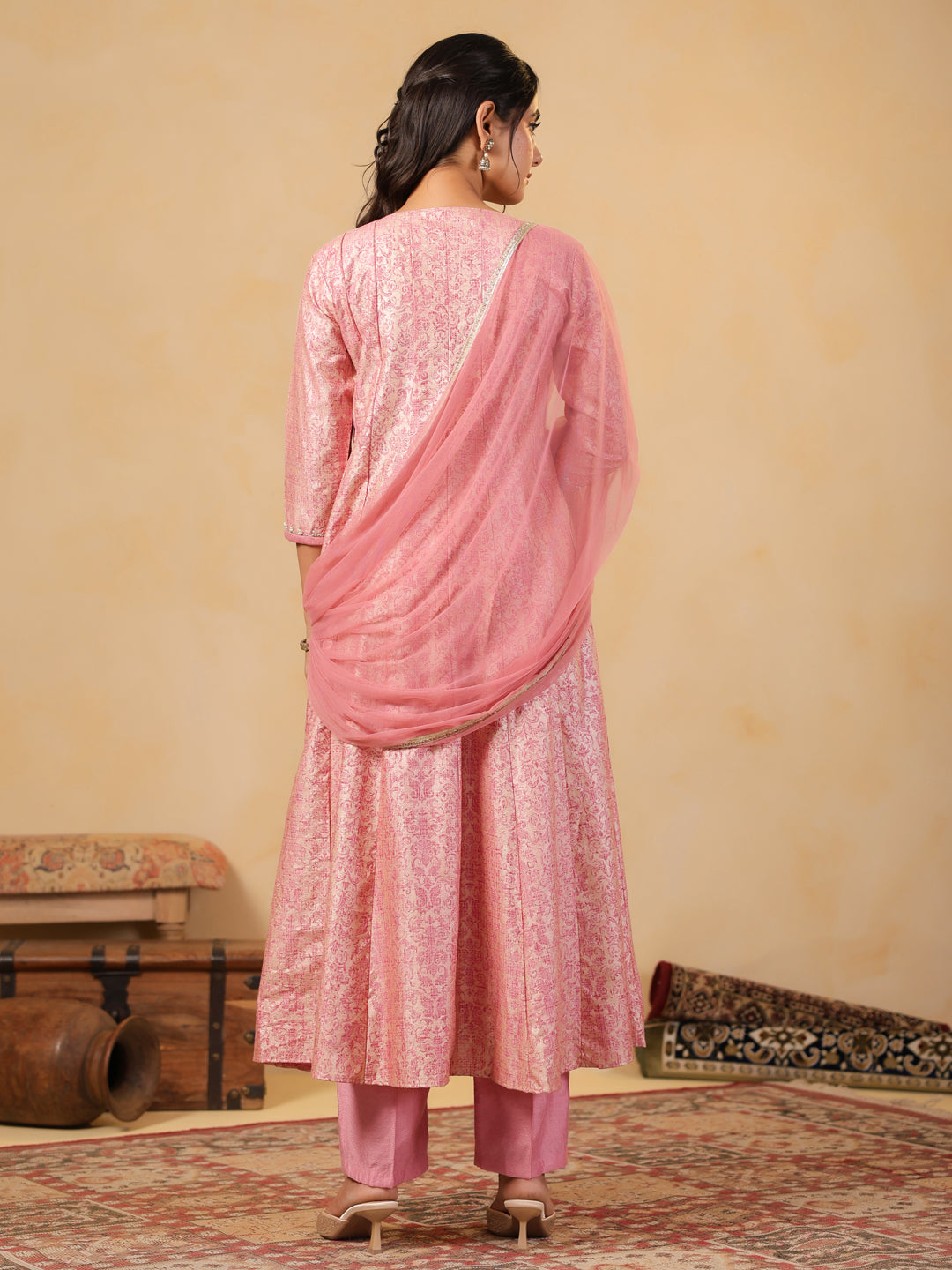 Span Pink V Neck Viscose Kurta Set with Dupatta