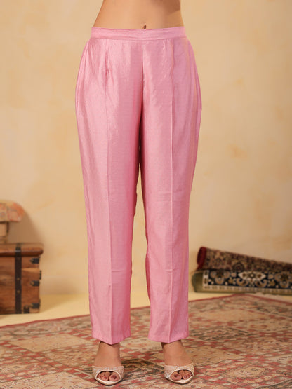 Span Pink V Neck Viscose Kurta Set with Dupatta