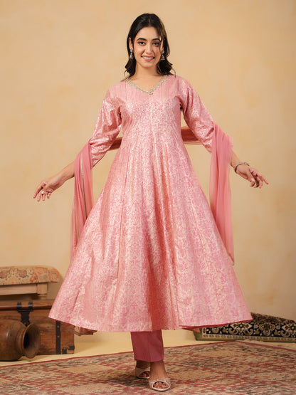 Span Pink V Neck Viscose Kurta Set with Dupatta