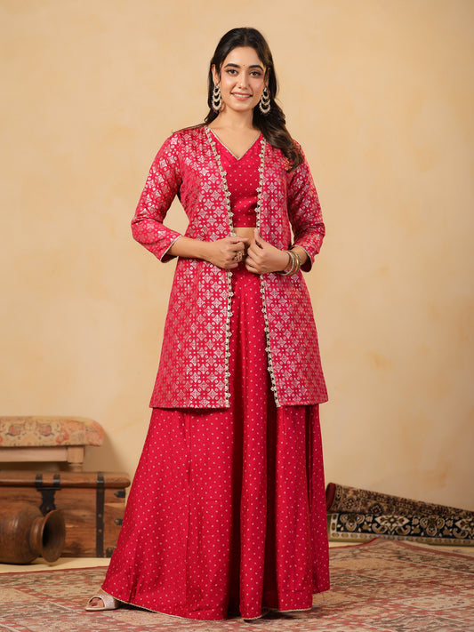 Span Pink V Neck Viscose Jacket Style 3PCS Set