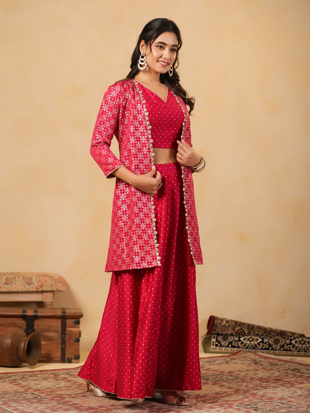 Span Pink V Neck Viscose Jacket Style 3PCS Set