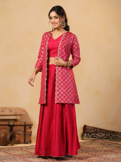 Span Pink V Neck Viscose Jacket Style 3PCS Set