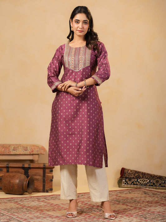 Span Purple Round Neck Silk Kurta