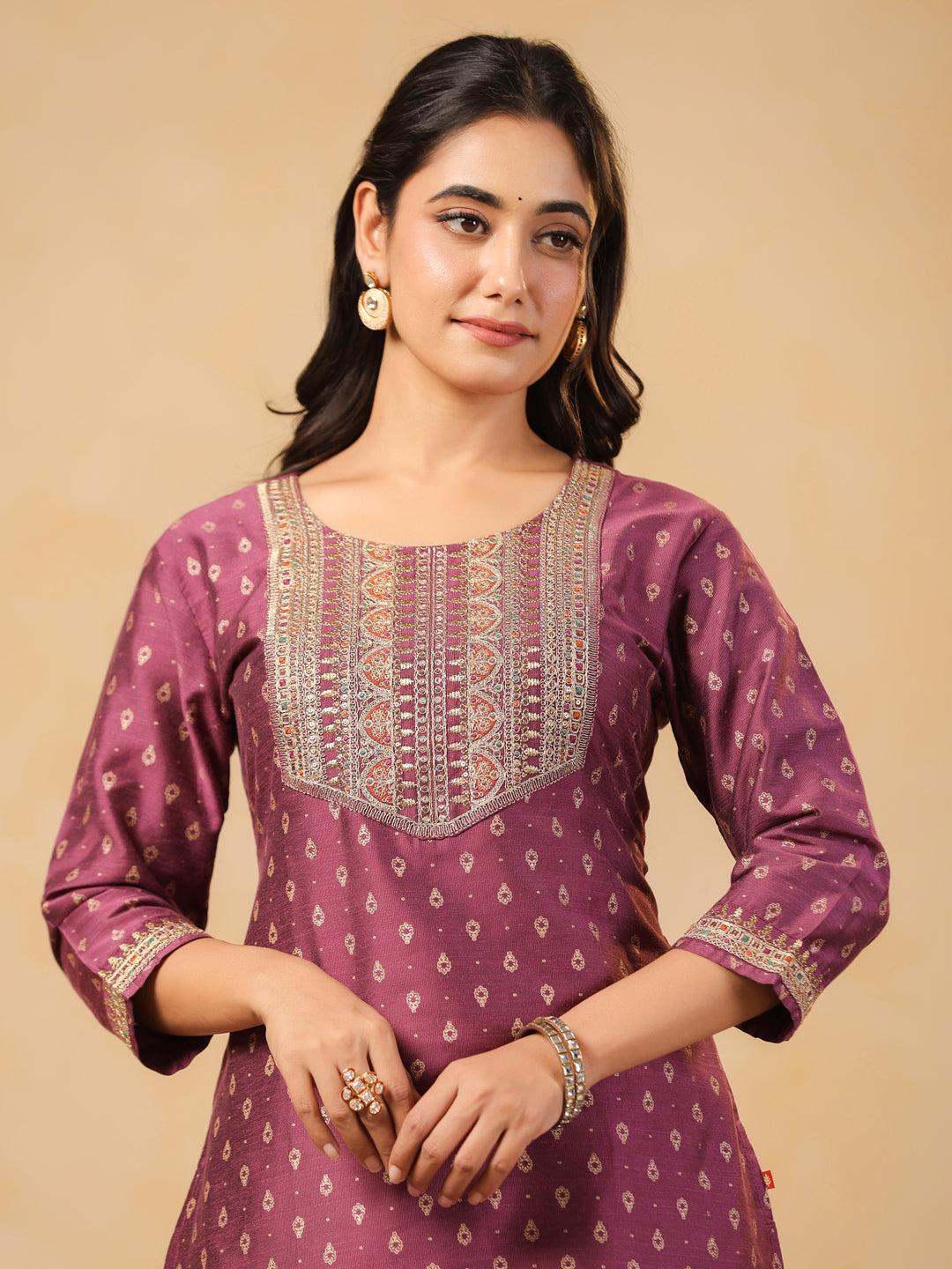 Span Purple Round Neck Silk Kurta