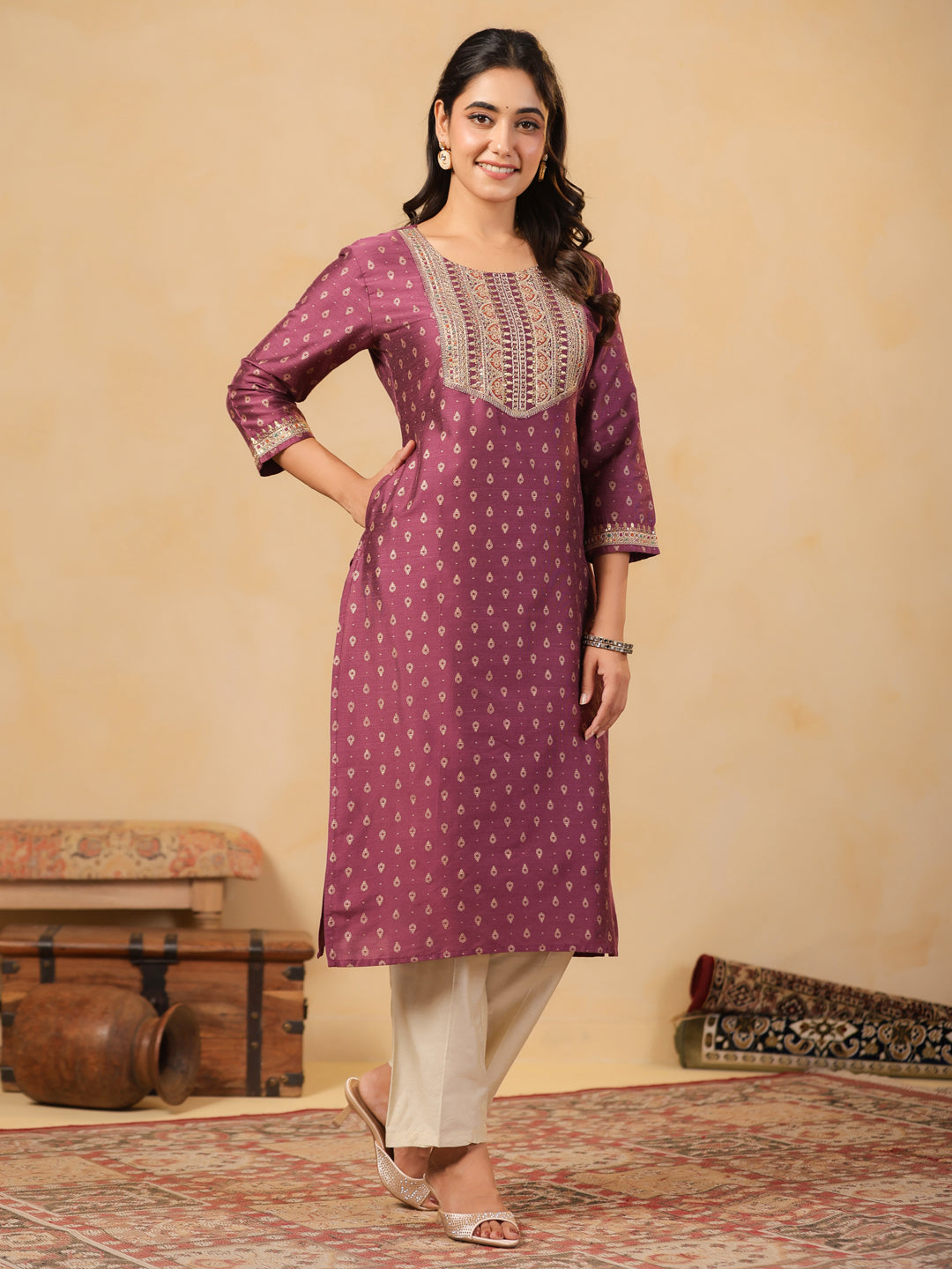 Span Purple Round Neck Silk Kurta