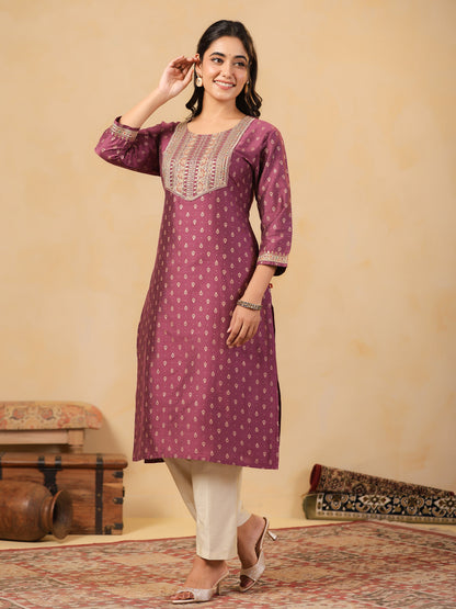 Span Purple Round Neck Silk Kurta