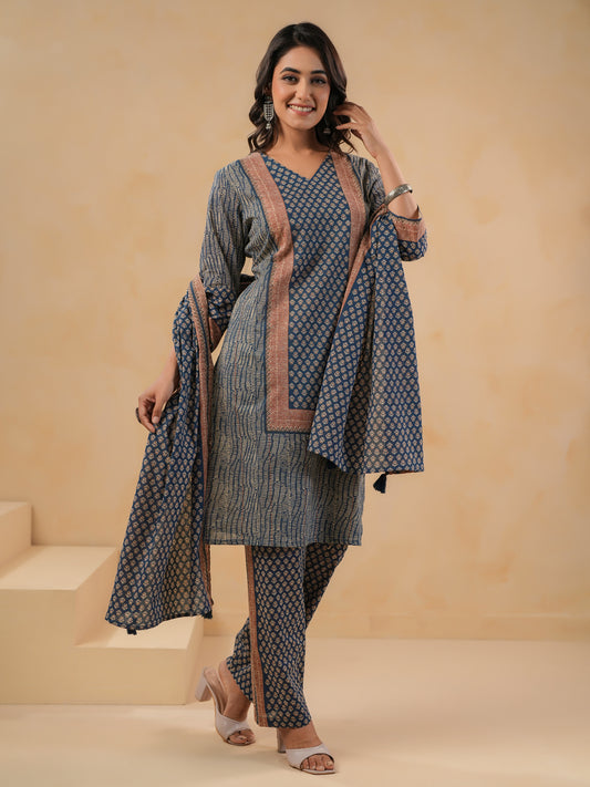 Span Blue V Neck Cotton Kurta Set with Dupatta