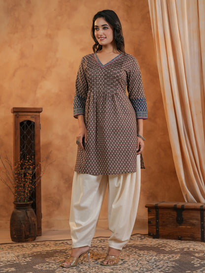 Span Brown V Neck Cotton Short Kurta