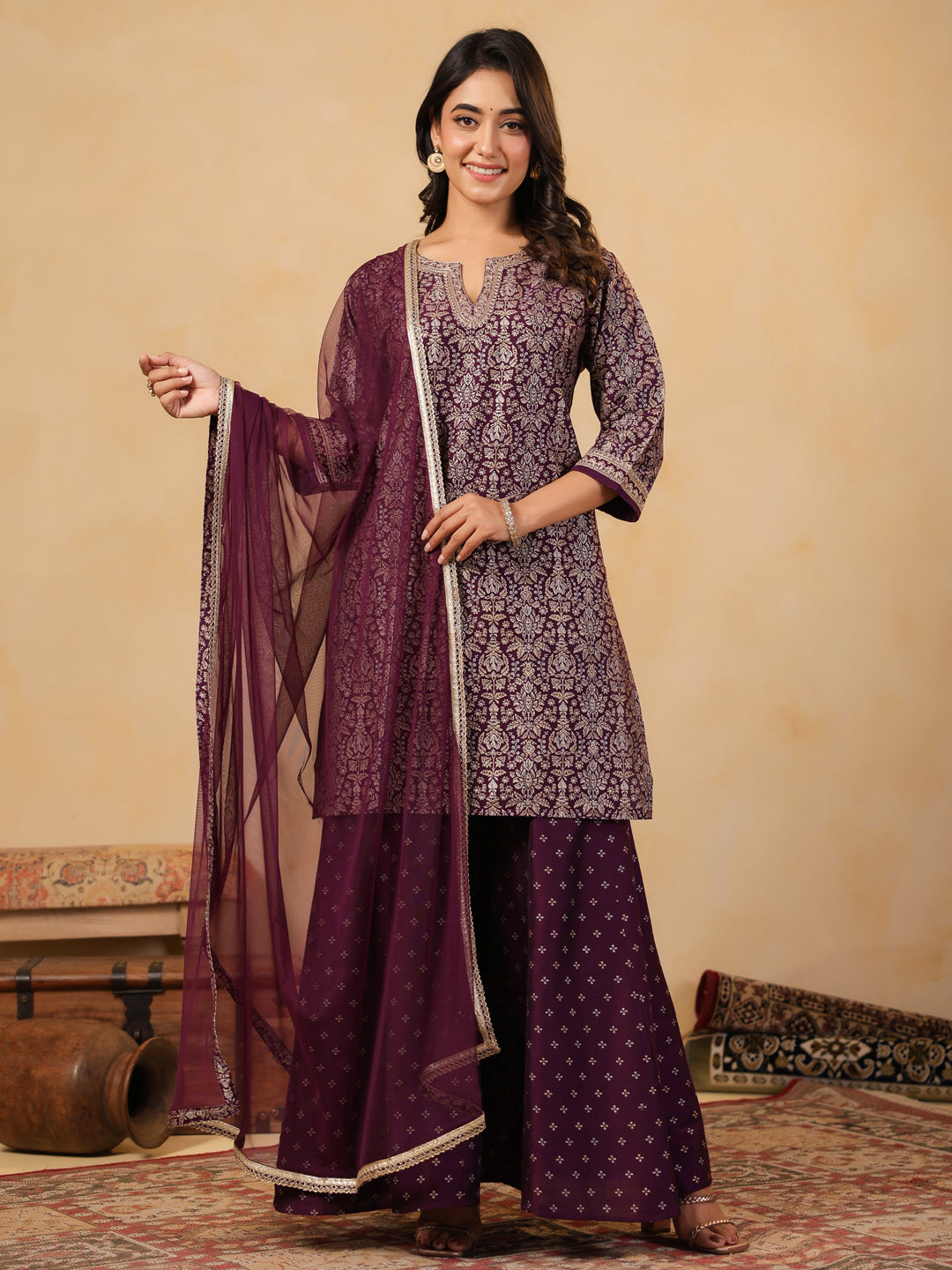 Span Purple Round V Neck Silk Kurta