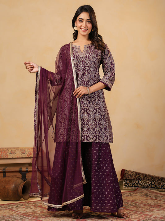 Span Purple Round V Neck Silk Kurta