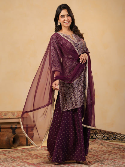 Span Purple Round V Neck Silk Kurta