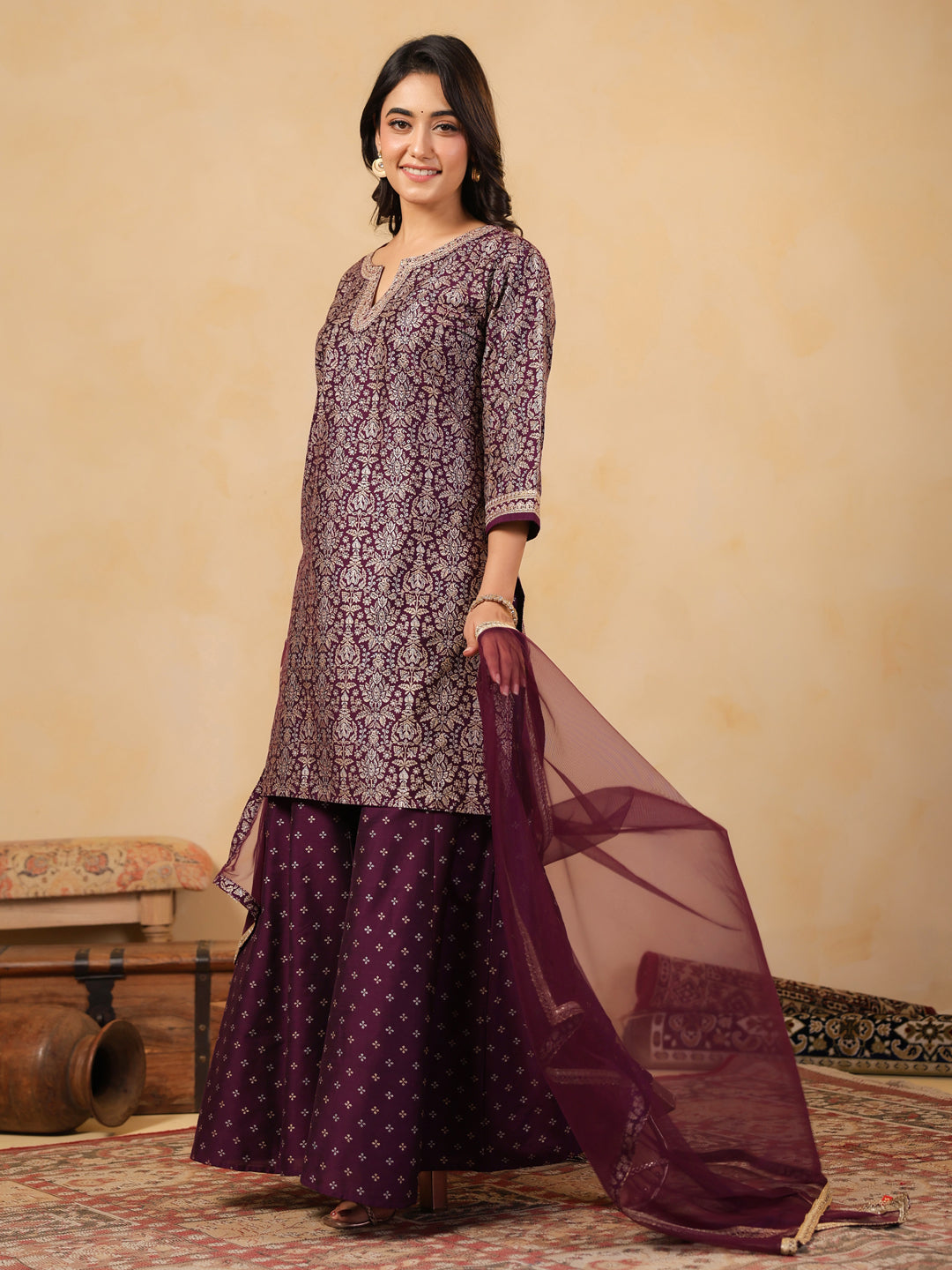 Span Purple Round V Neck Silk Kurta
