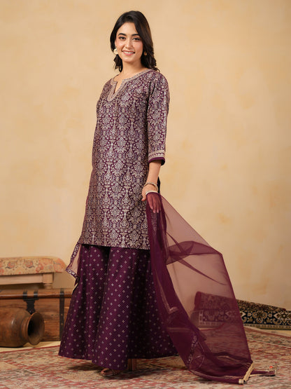 Span Purple Round V Neck Silk Kurta