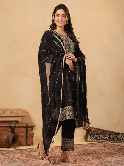 Span Black Round Neck Gazi Silk