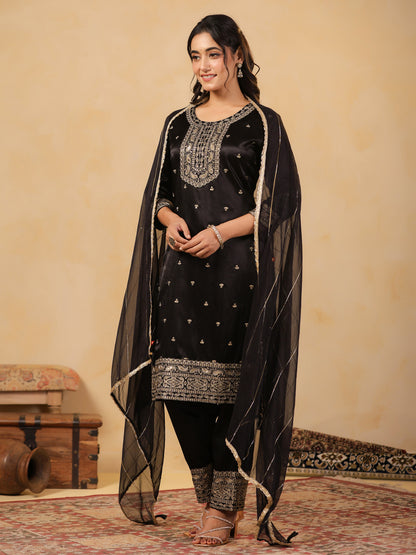 Span Black Round Neck Gazi Silk