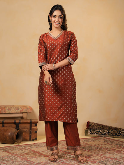 Span Brown V Neck SIlk Kurta