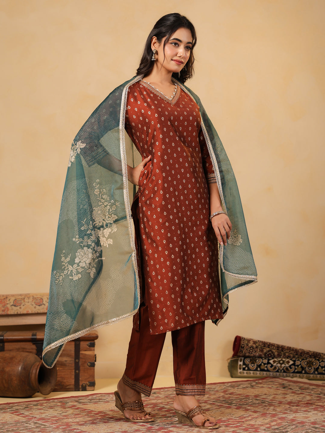 Span Brown V Neck SIlk Kurta