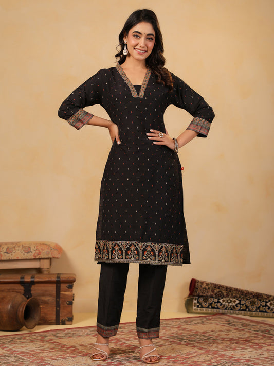 Span Black Deep V Silk Kurta