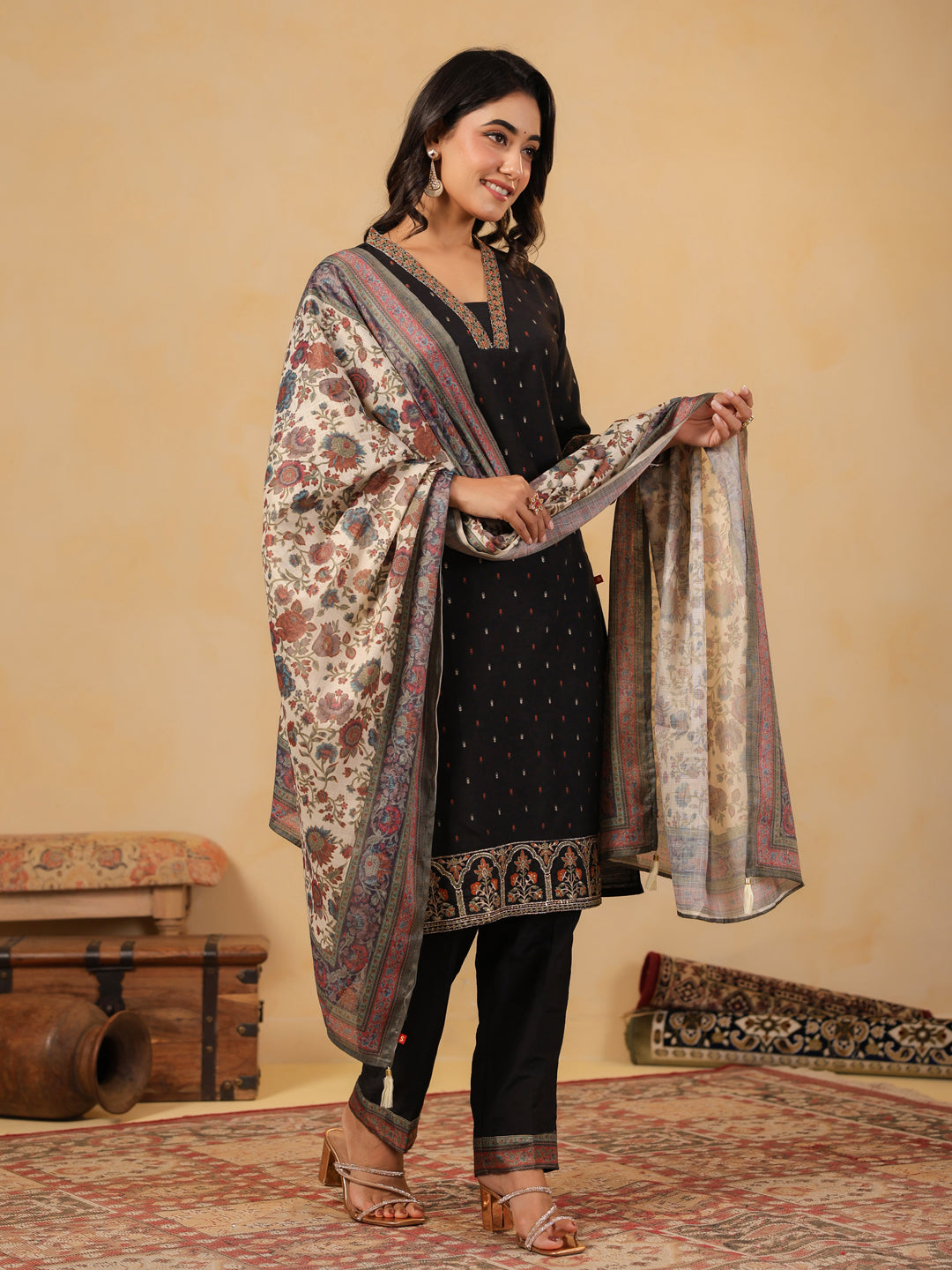 Span Black Deep V Silk Kurta
