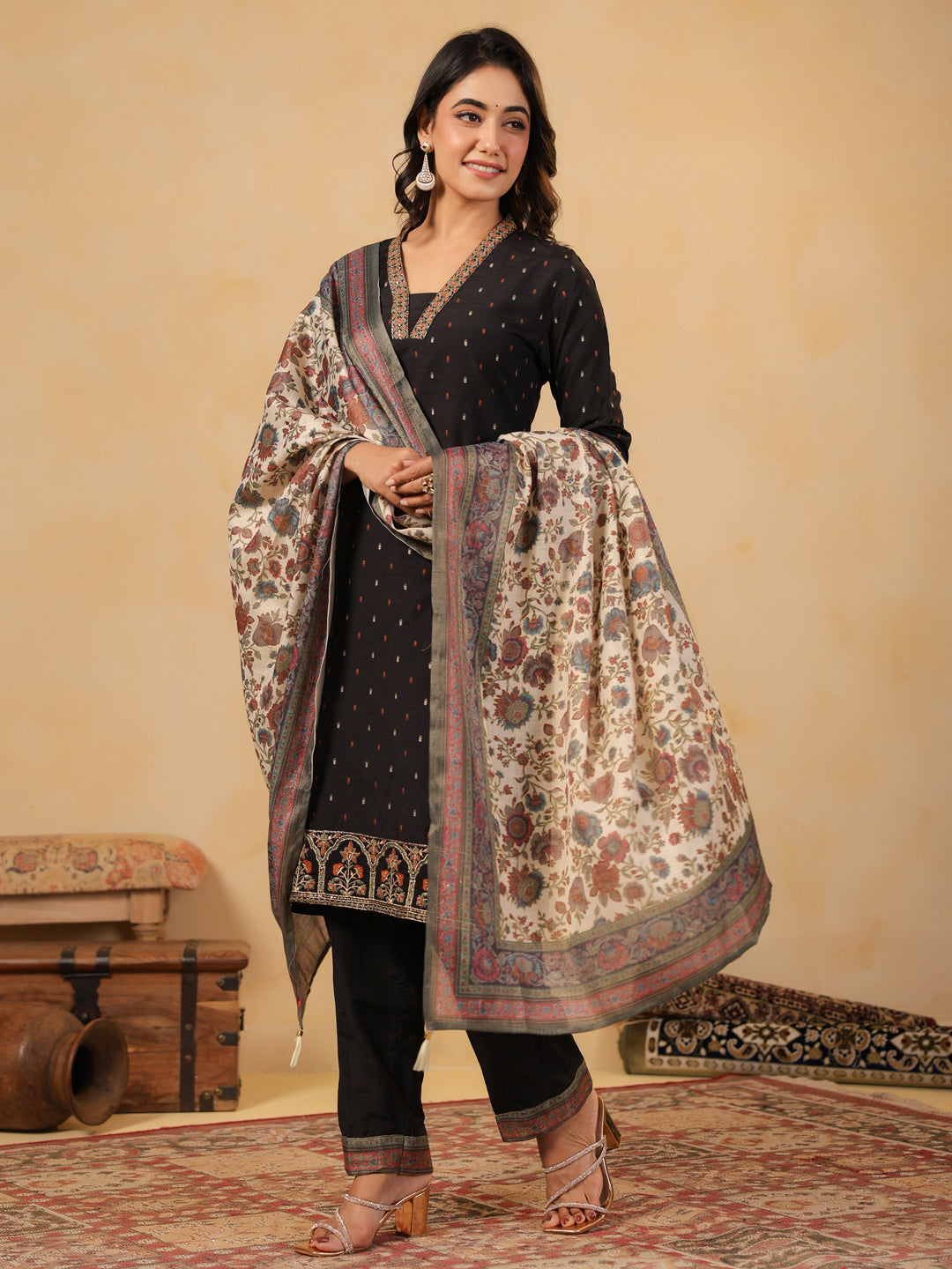 Span Black Deep V Silk Kurta