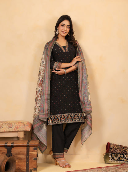 Span Black Deep V Silk Kurta
