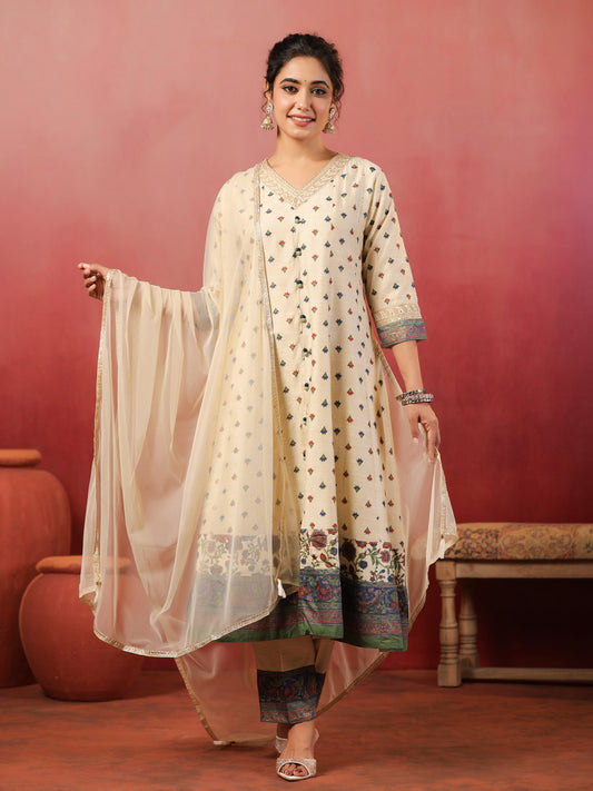 Span Ivory V Neck Silk  Kurta Set with Dupatta