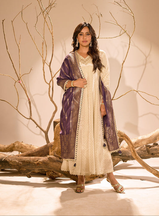 Shimmer Embroidered Anarkali Gown With Jacquard Dupatta