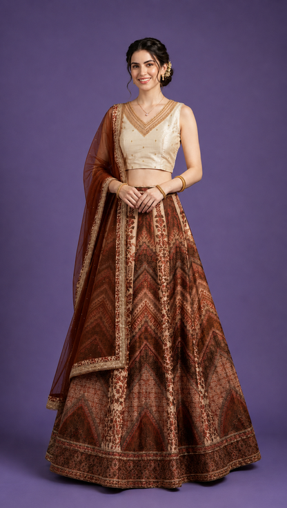 Shimmer Embroidered Crop Top, Printed Skirt & Embroidered Dupatta Set