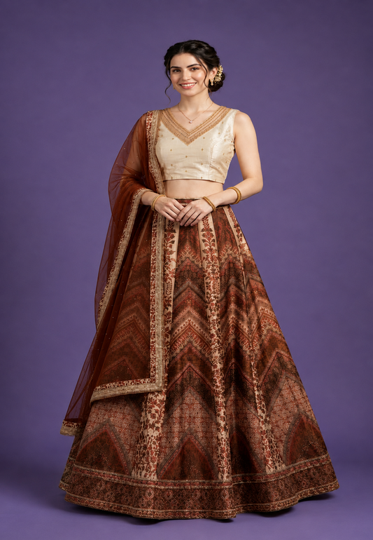 Shimmer Embroidered Crop Top, Printed Skirt & Embroidered Dupatta Set