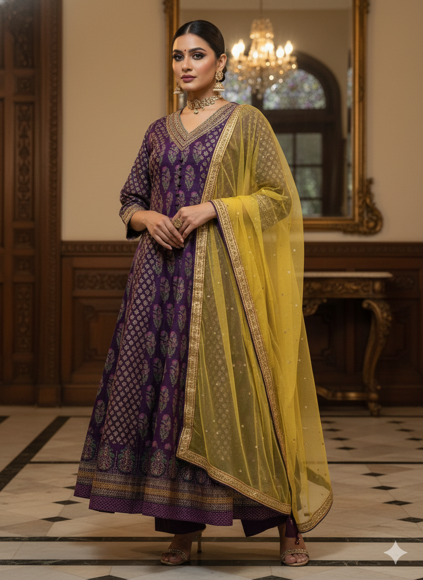 Purple V-Neck Silk Kurta Set with Dupatta