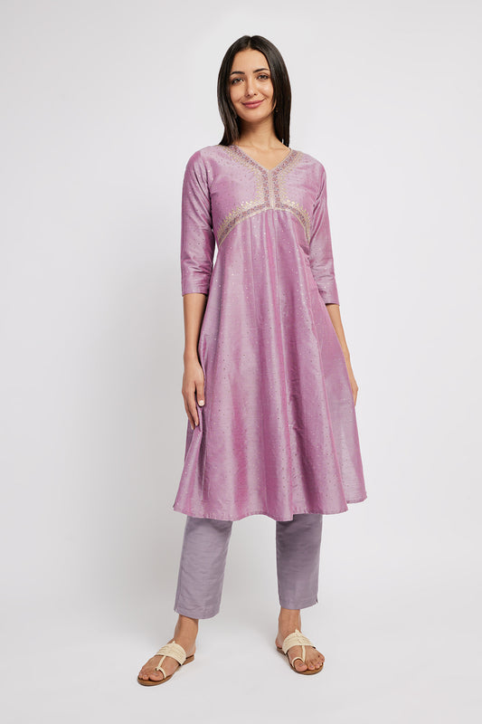 Span Pink V Neck Silk Kurta