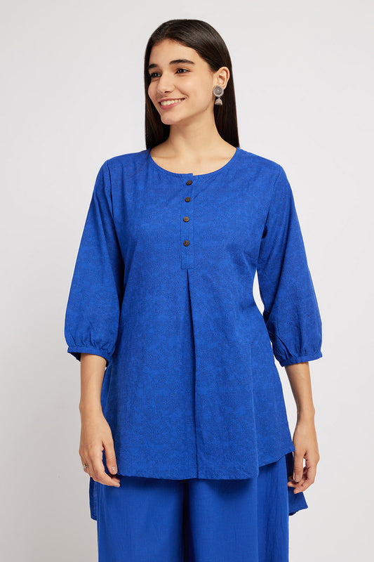 Span Blue Round Neck Cotton Short Kurta