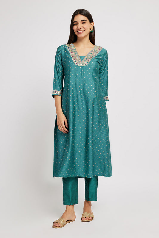 Span Green Deep V Viscose Kurta