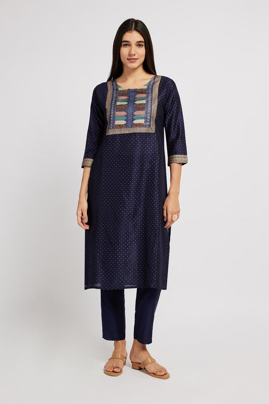 Span Blue Round Neck Silk Kurta