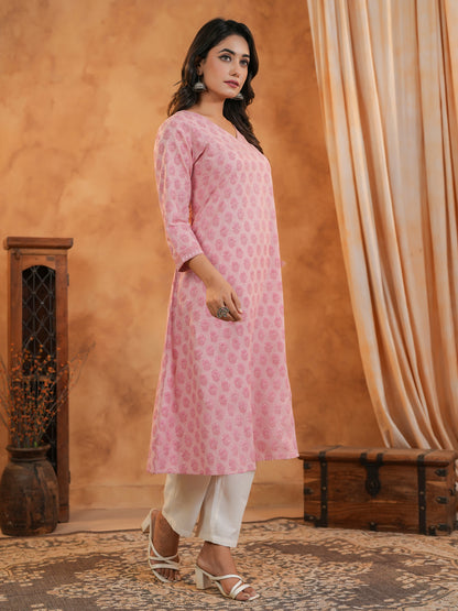 Span Pink V Neck Cotton Kurta Set
