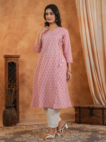 Span Pink V Neck Cotton Kurta Set