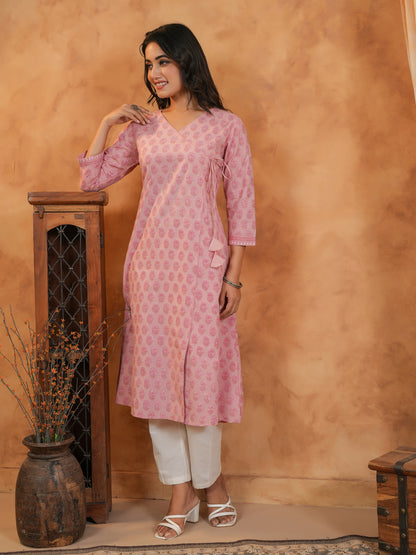 Span Pink V Neck Cotton Kurta Set