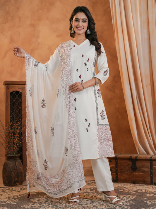 Span Off White V Neck Kurta Set with Dupatta
