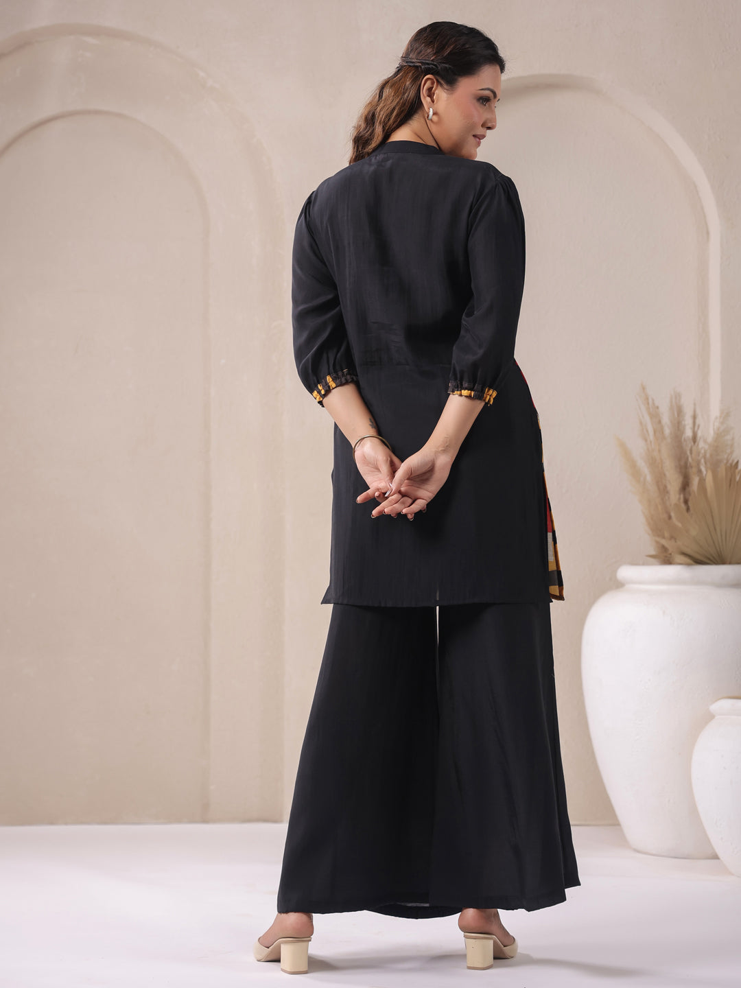 Black Mandarin V-Neck Silk Cord Set